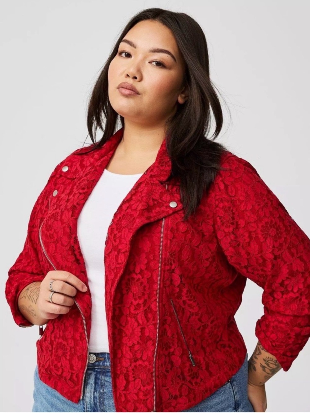 torrid 4/26 Vibrant Red Romantic Floral Lace Moto Style Jacket